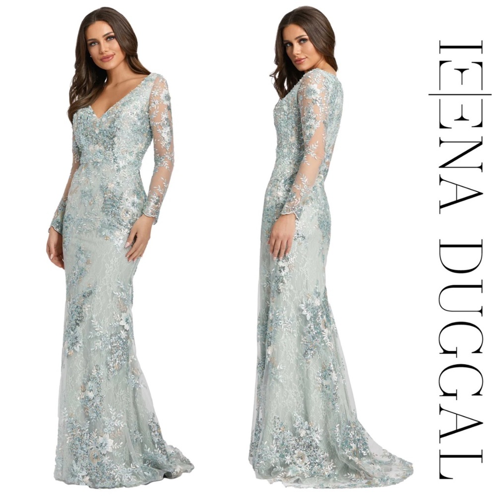 Mac Duggal - Sea Mist - Embellished V-Neck Illusion Long Sleeve Gown